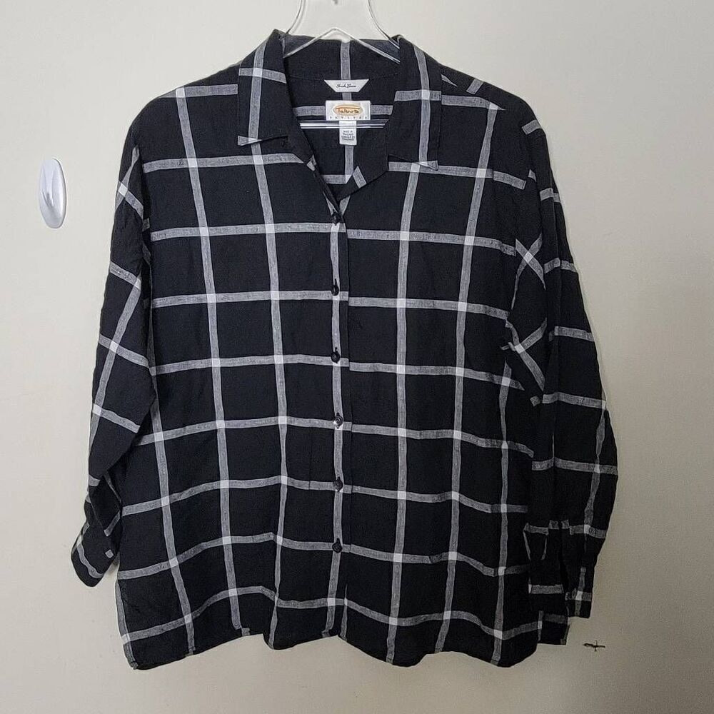 Talbots Petites Irish Linen Size 14 Long Sleeve Black White Windowpane Check Lag